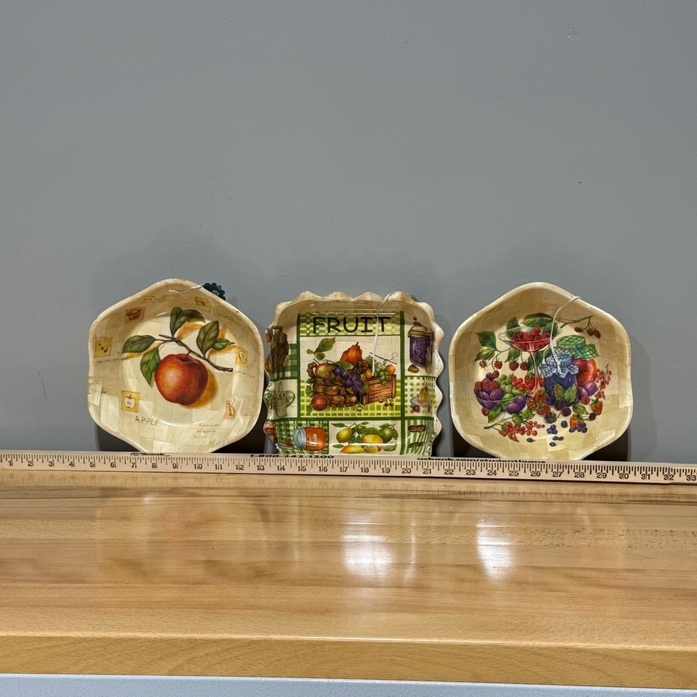 Vintage Set of Three Fruit-Themed Decorative Woven Bowl